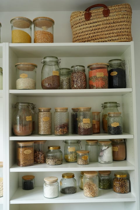 Neatly organized pantry shelf with glass jars
