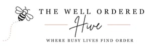 Logo for The Well Ordered Hive with bee illustration and tagline where busy lives find order