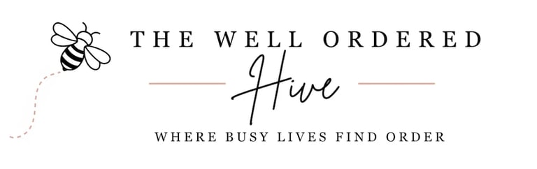 Logo for The Well Ordered Hive with bee icon and tagline about busy lives finding order